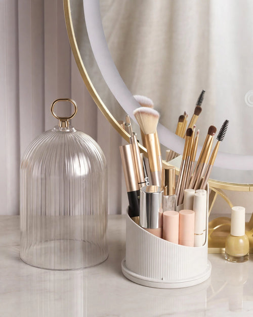 Premium Acrylic Multi-Grid Rotating Makeup Organizer with Dustproof Lid Lipstick & Eyeshadow Storage & Pen Holder