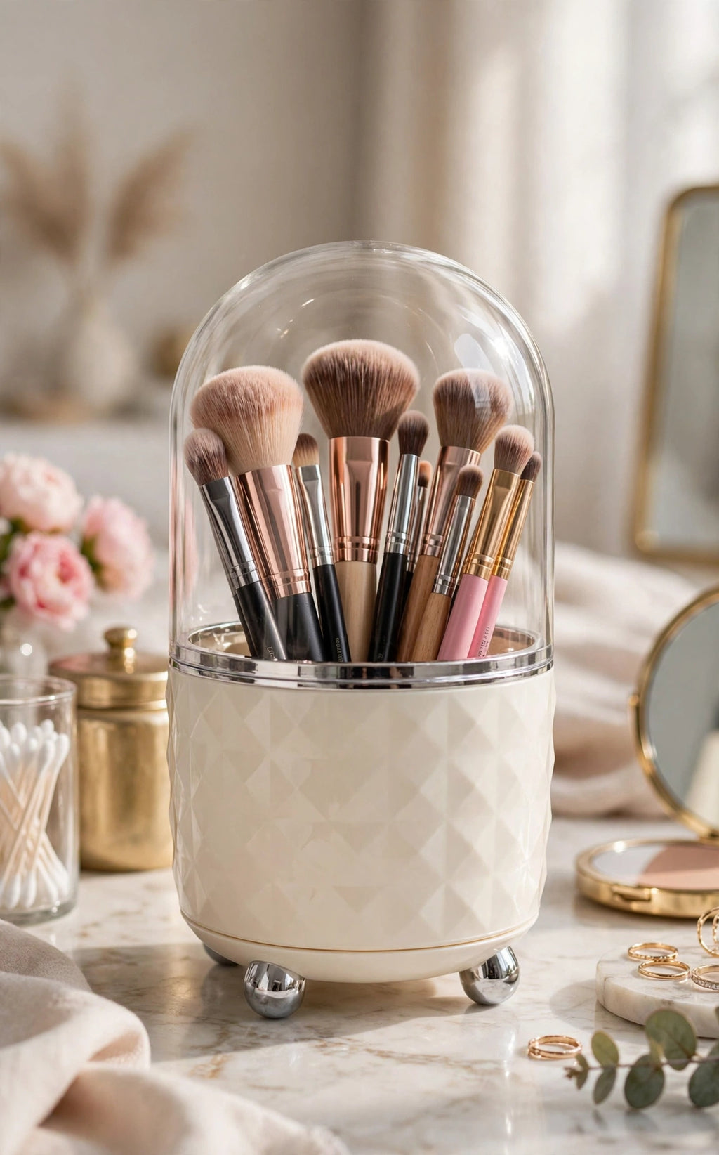 Premium Acrylic Multi-Grid Rotating Makeup Organizer with Dustproof Lid Lipstick & Eyeshadow Storage & Pen Holder