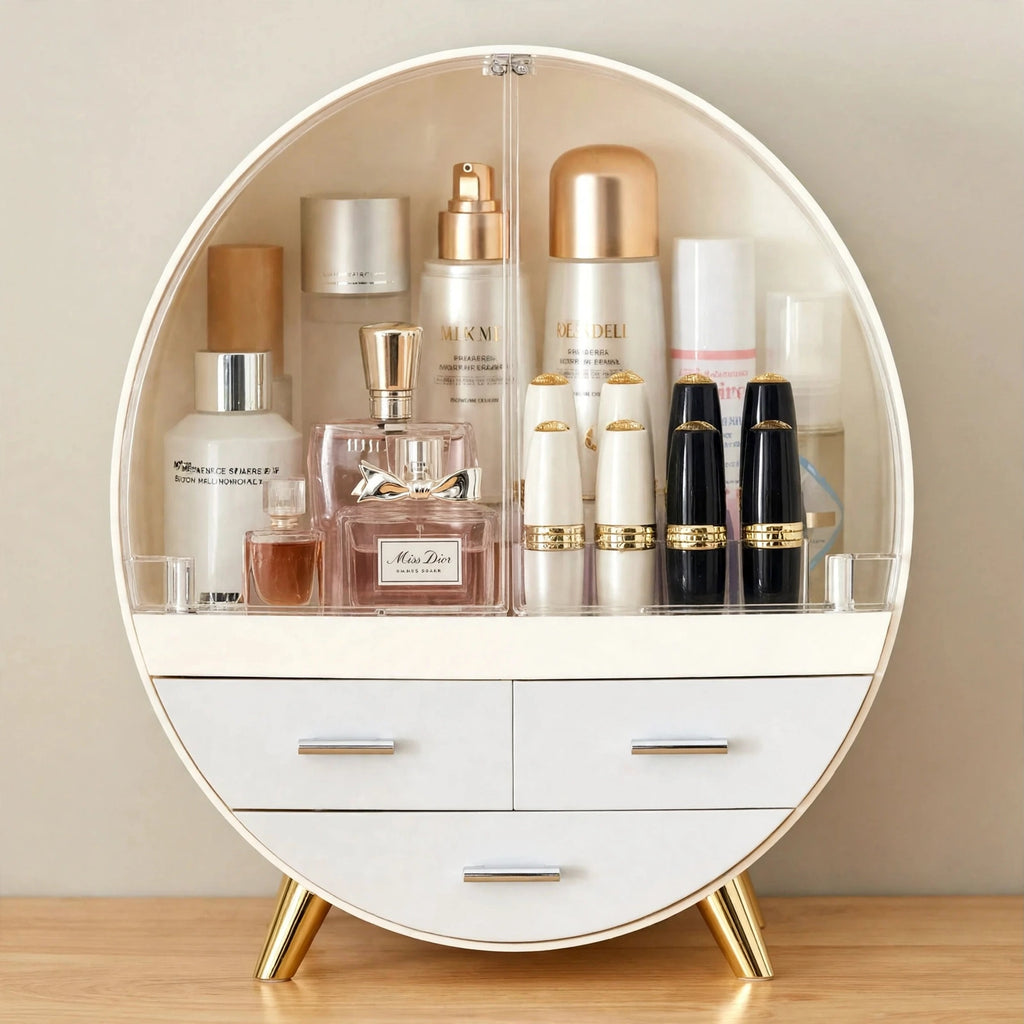 Luxury Oval Makeup Organizer with Drawers | Premium Cosmetic Storage Box
