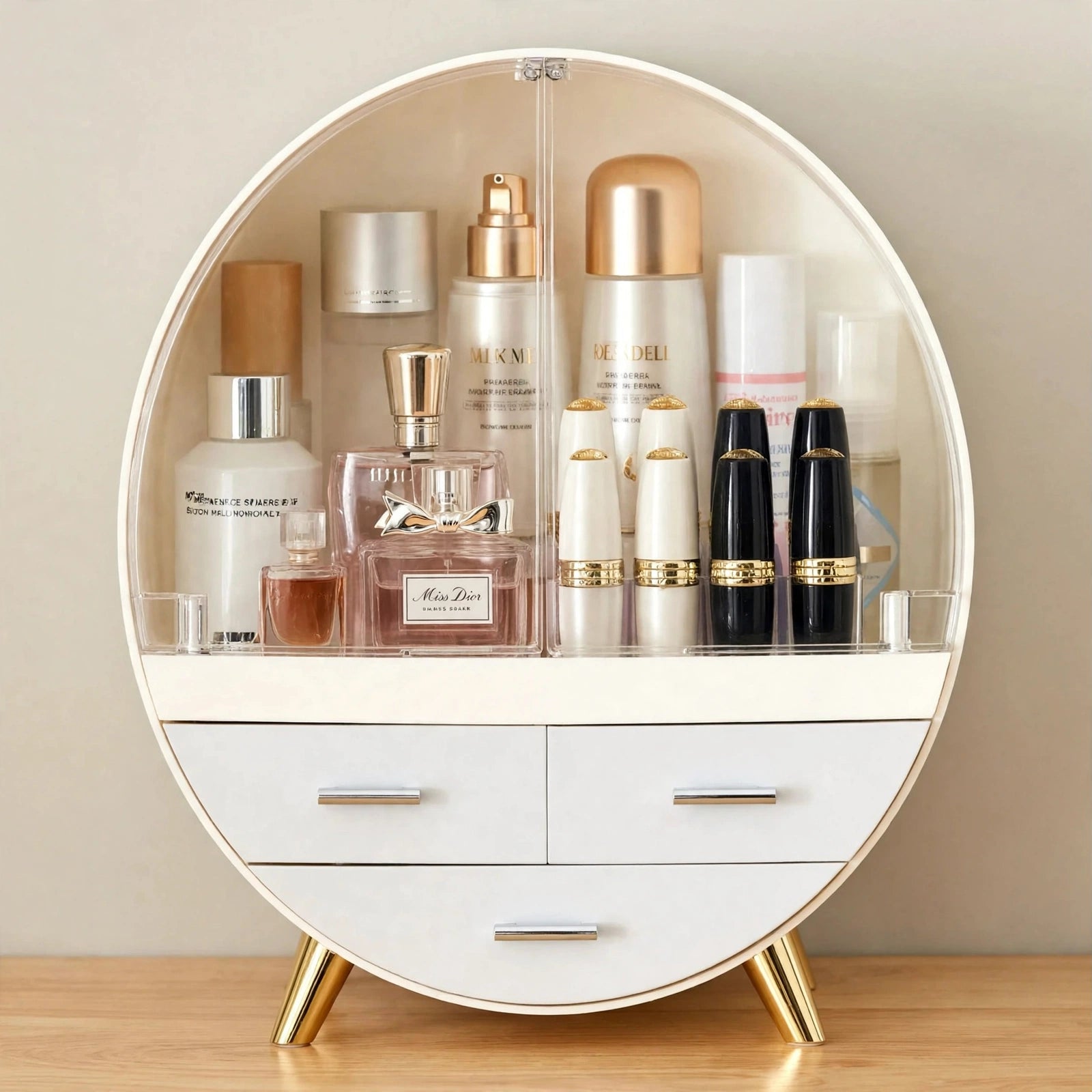Luxury Oval Makeup Organizer with Drawers | Premium Cosmetic Storage Box