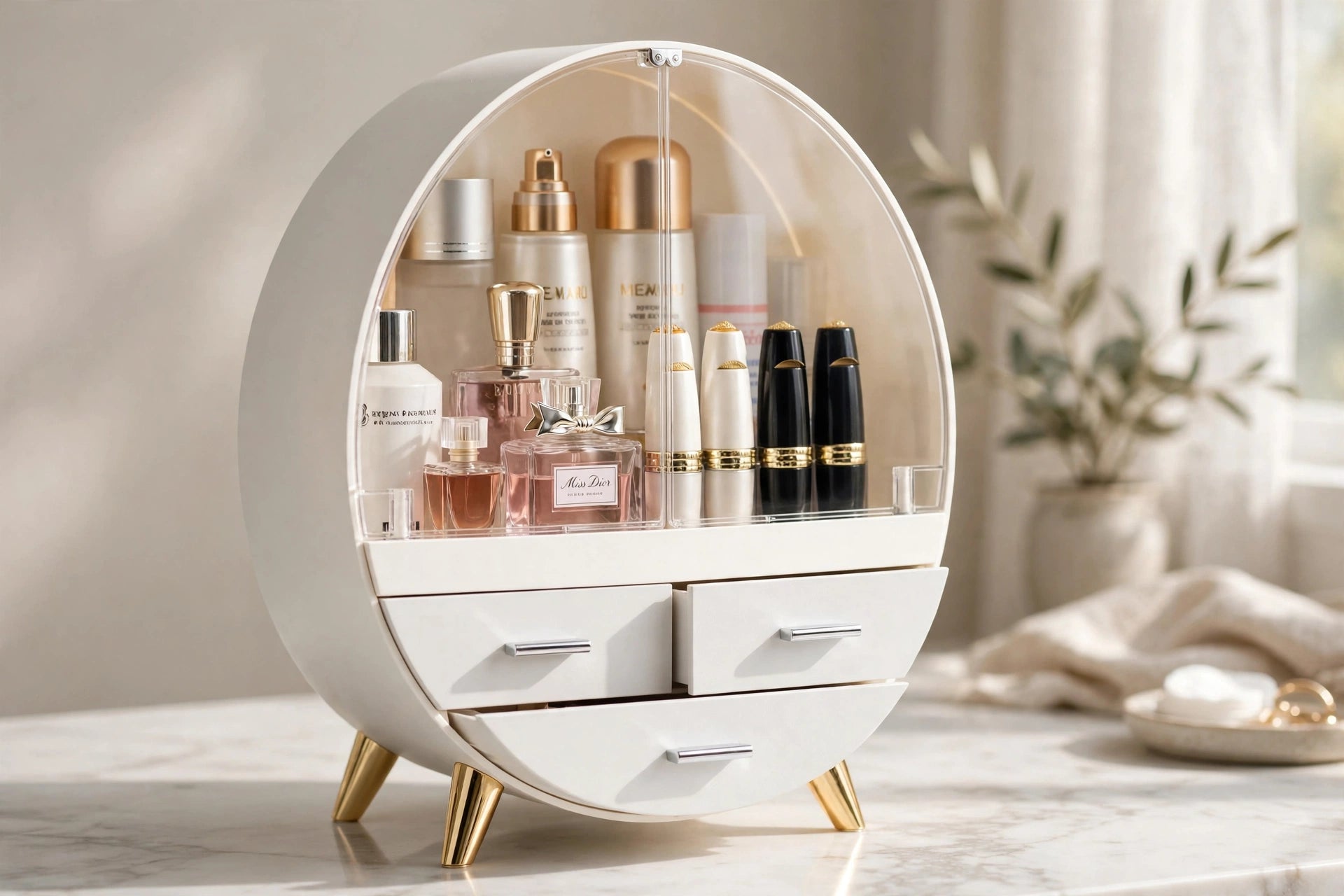 Luxury Oval Makeup Organizer with Drawers | Premium Cosmetic Storage Box