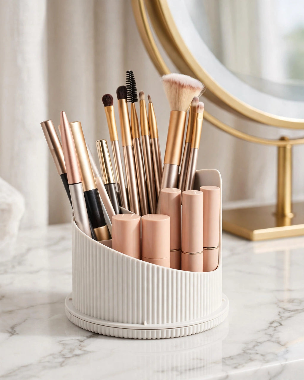Premium Acrylic Multi-Grid Rotating Makeup Organizer with Dustproof Lid Lipstick & Eyeshadow Storage & Pen Holder
