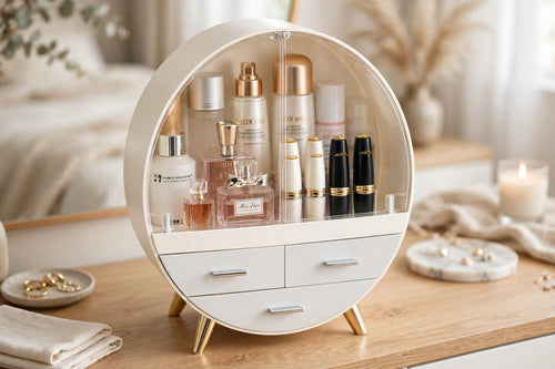 Luxury Oval Makeup Organizer with Drawers | Premium Cosmetic Storage Box